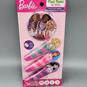 Barbie Plant-Based Lip Gloss Set with Mirror – Kids Makeup, Non-Toxic New